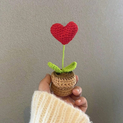 Handmade Knitted Flower Pot, Red Heart Shaped Planter, Valentine's Day Gift, Home Desktop Decor